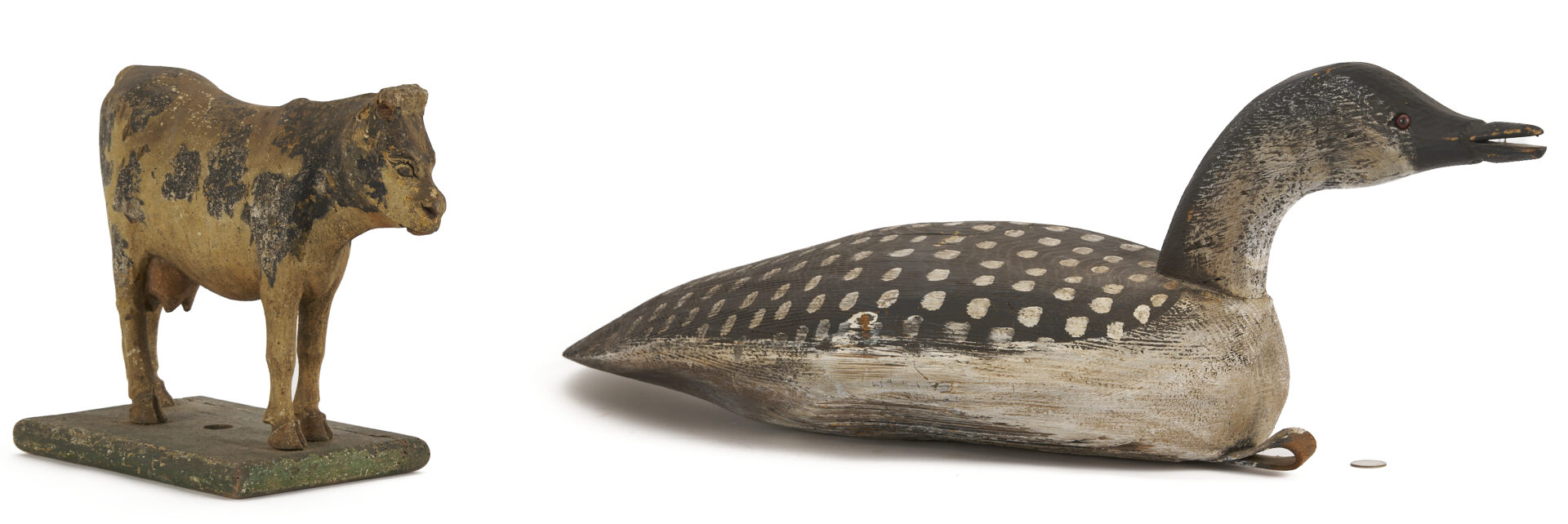 Lot 1068: Folk Art Painted Loon Decoy and Cow