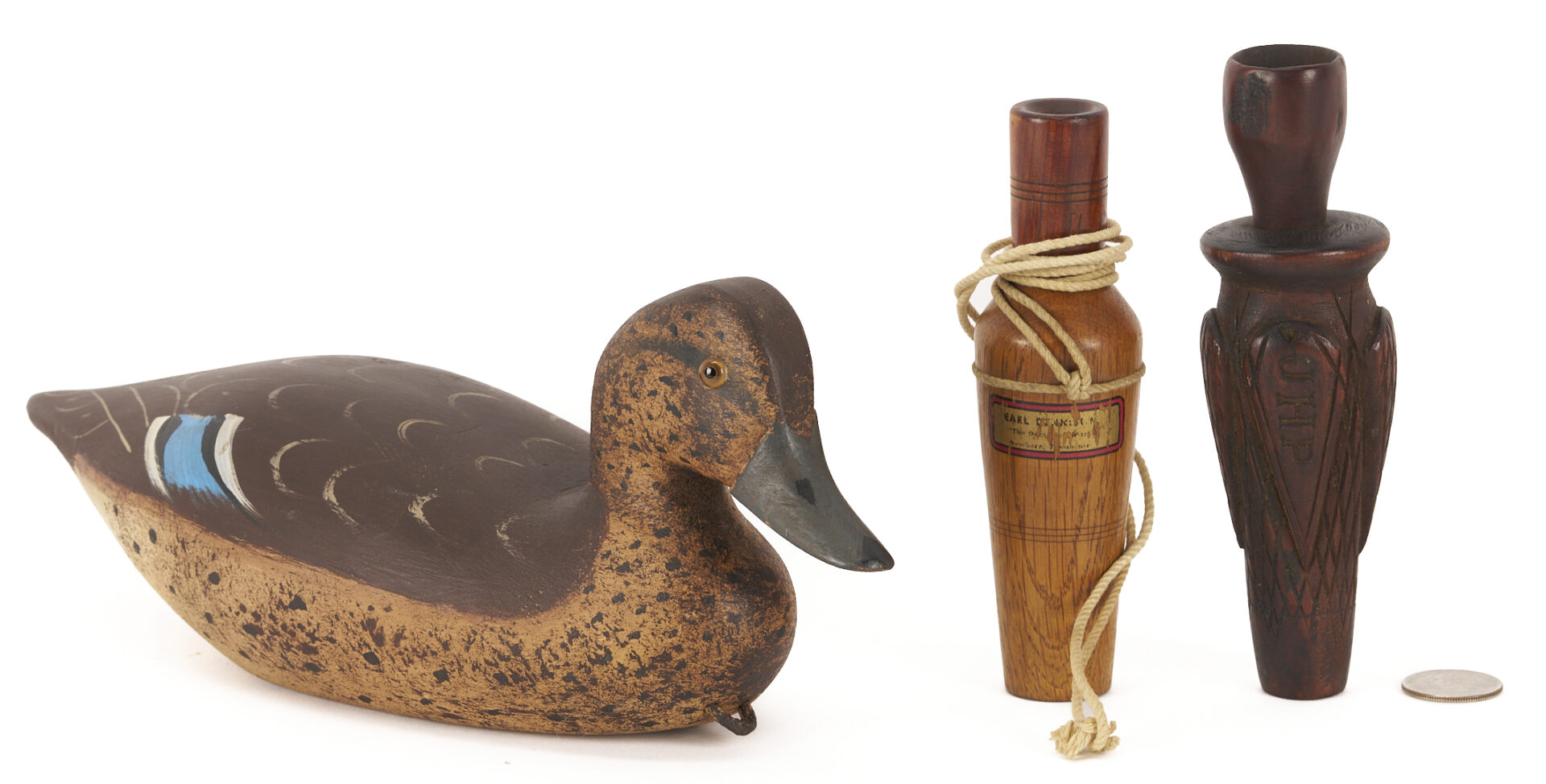 Lot 1071: Three Duck Related Items: 2 Duck Calls & 1 Contemporary Decoy