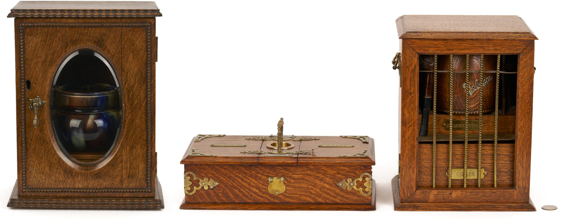 Lot 1078: 3 English Tobacco Items: Humidor, Cigar, & Cigarette Boxes