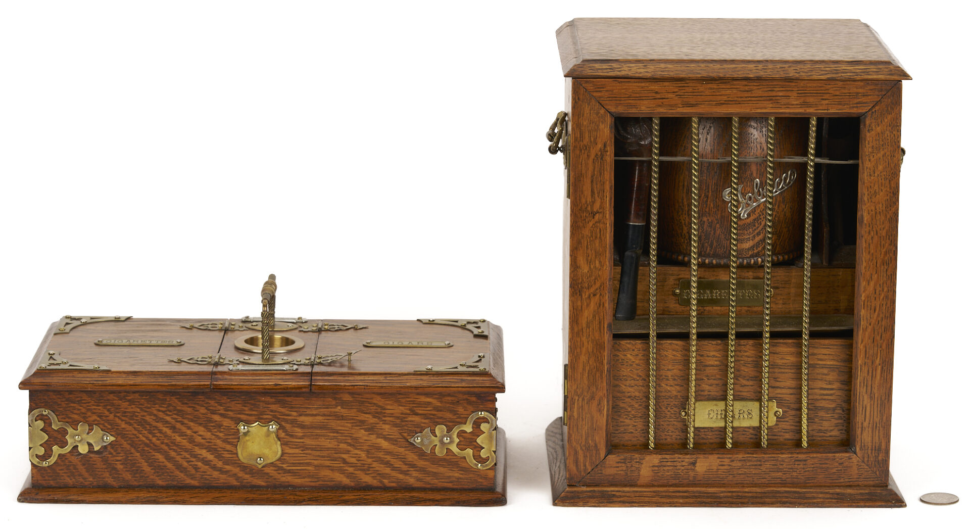 Lot 1078: 3 English Tobacco Items: Humidor, Cigar, & Cigarette Boxes