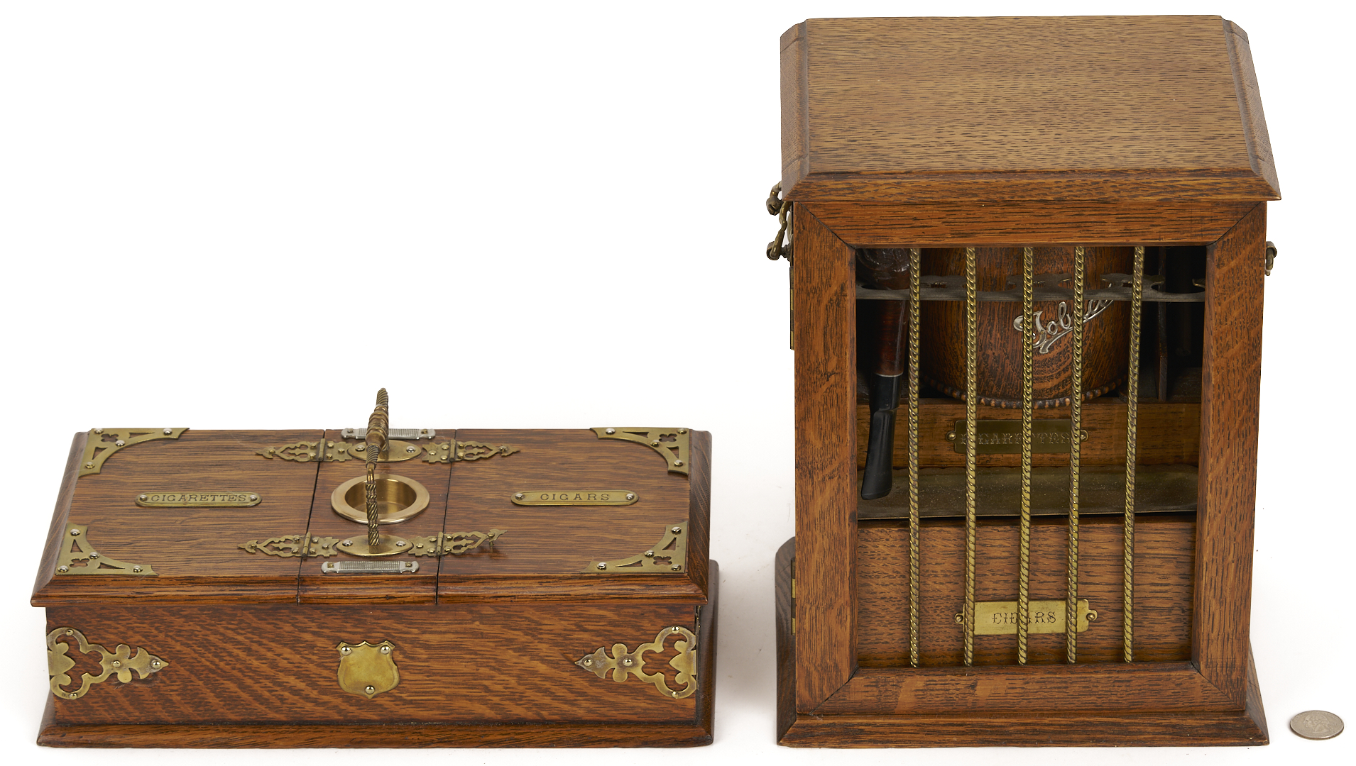 Lot 1078: 3 English Tobacco Items: Humidor, Cigar, & Cigarette Boxes