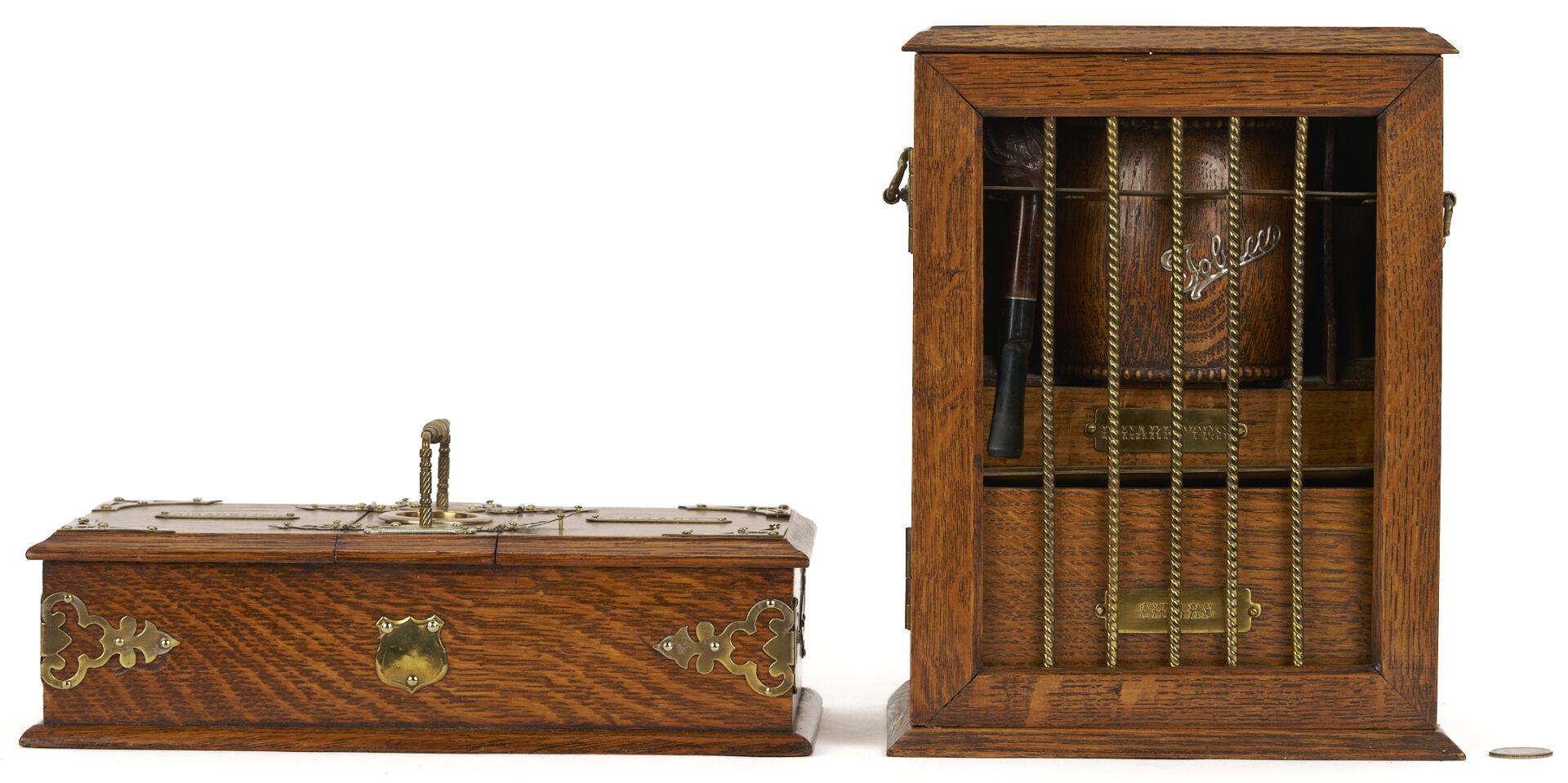 Lot 1078: 3 English Tobacco Items: Humidor, Cigar, & Cigarette Boxes