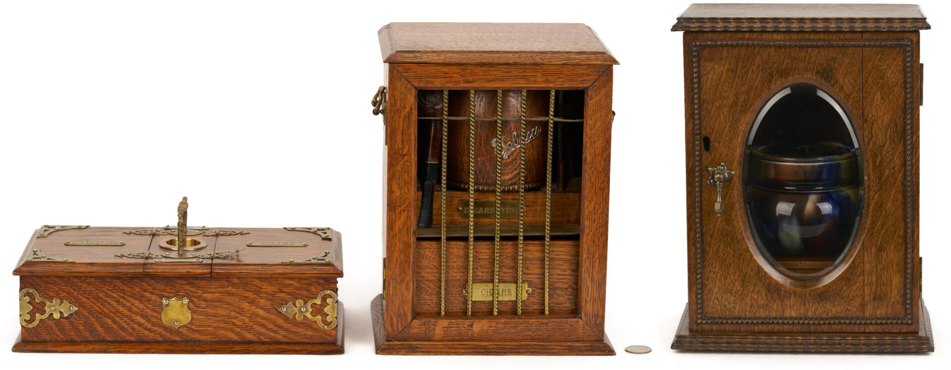 Lot 1078: 3 English Tobacco Items: Humidor, Cigar, & Cigarette Boxes
