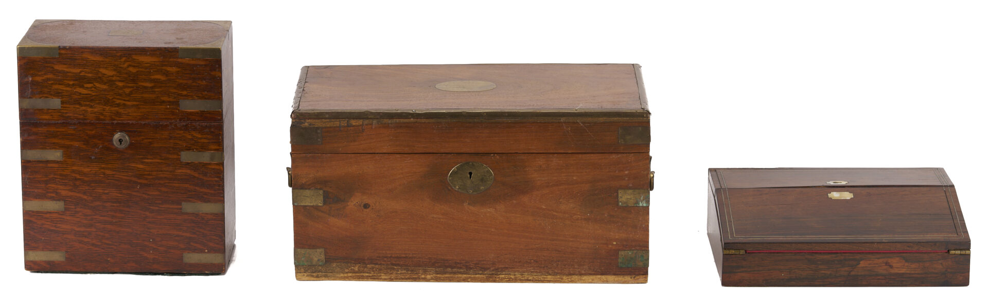Lot 1079: 3 Brass Bound and Inlaid Wooden Boxes
