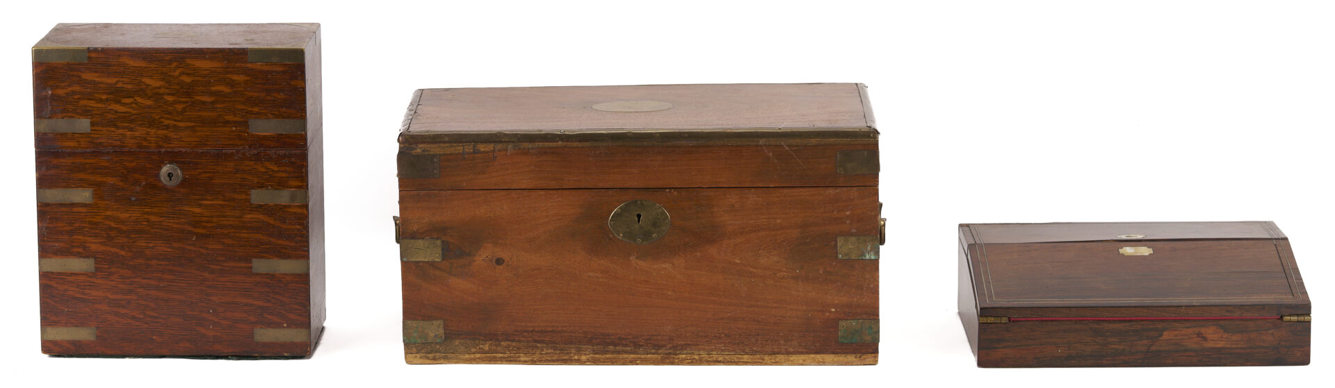 Lot 1079: 3 Brass Bound and Inlaid Wooden Boxes