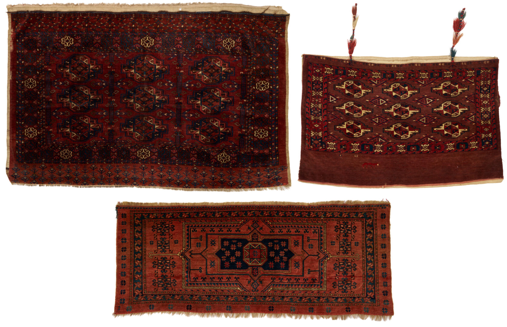Lot 1089: 3 Antique Turkmen Weavings, Yomud Torba, Arabatchi Chuval & Ersari Torba