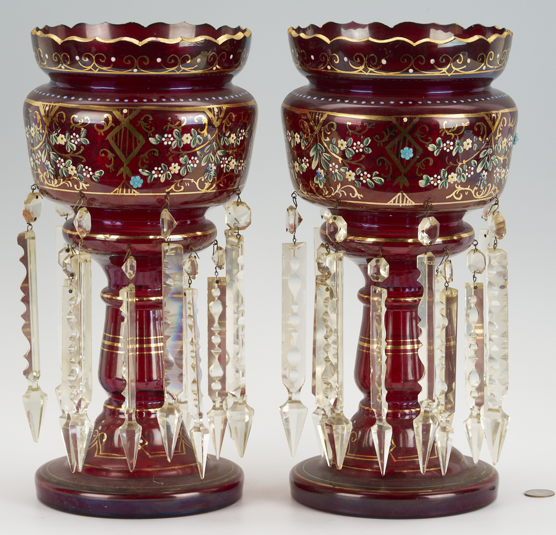 Lot 1098: Pair Enameled Cranberry Glass Lusters