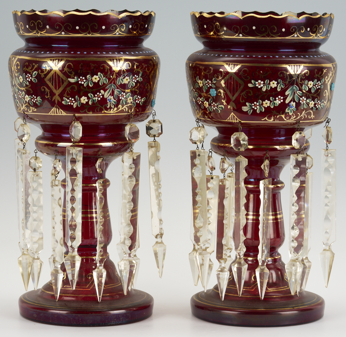 Lot 1098: Pair Enameled Cranberry Glass Lusters