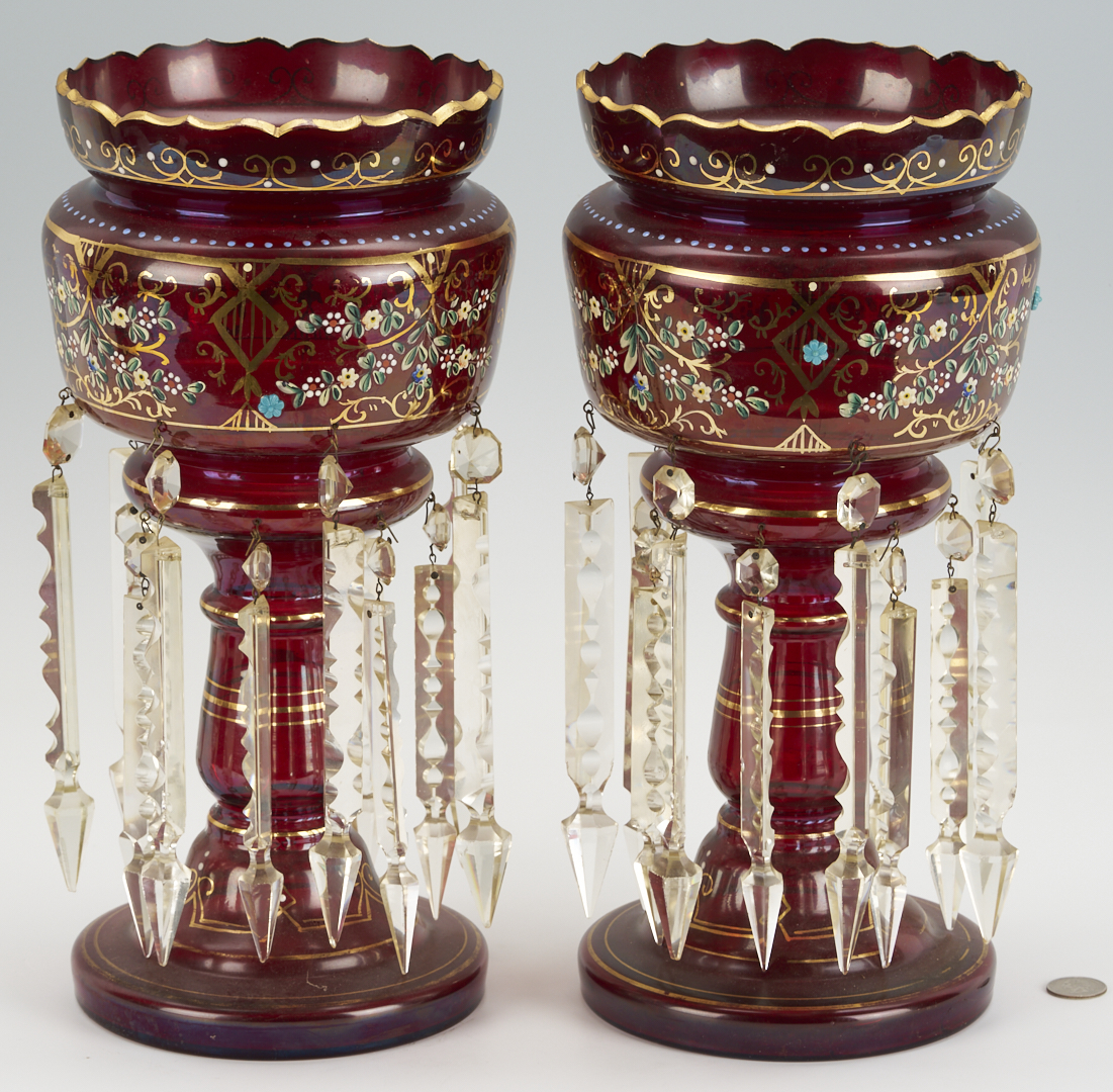 Lot 1098: Pair Enameled Cranberry Glass Lusters
