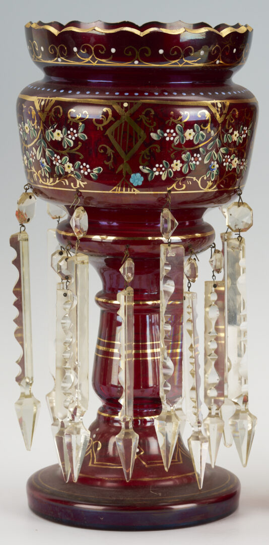 Lot 1098: Pair Enameled Cranberry Glass Lusters