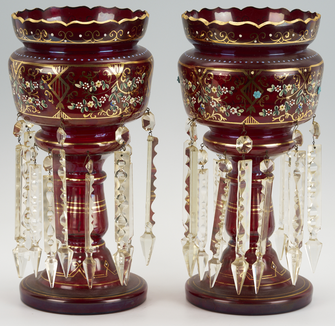 Lot 1098: Pair Enameled Cranberry Glass Lusters