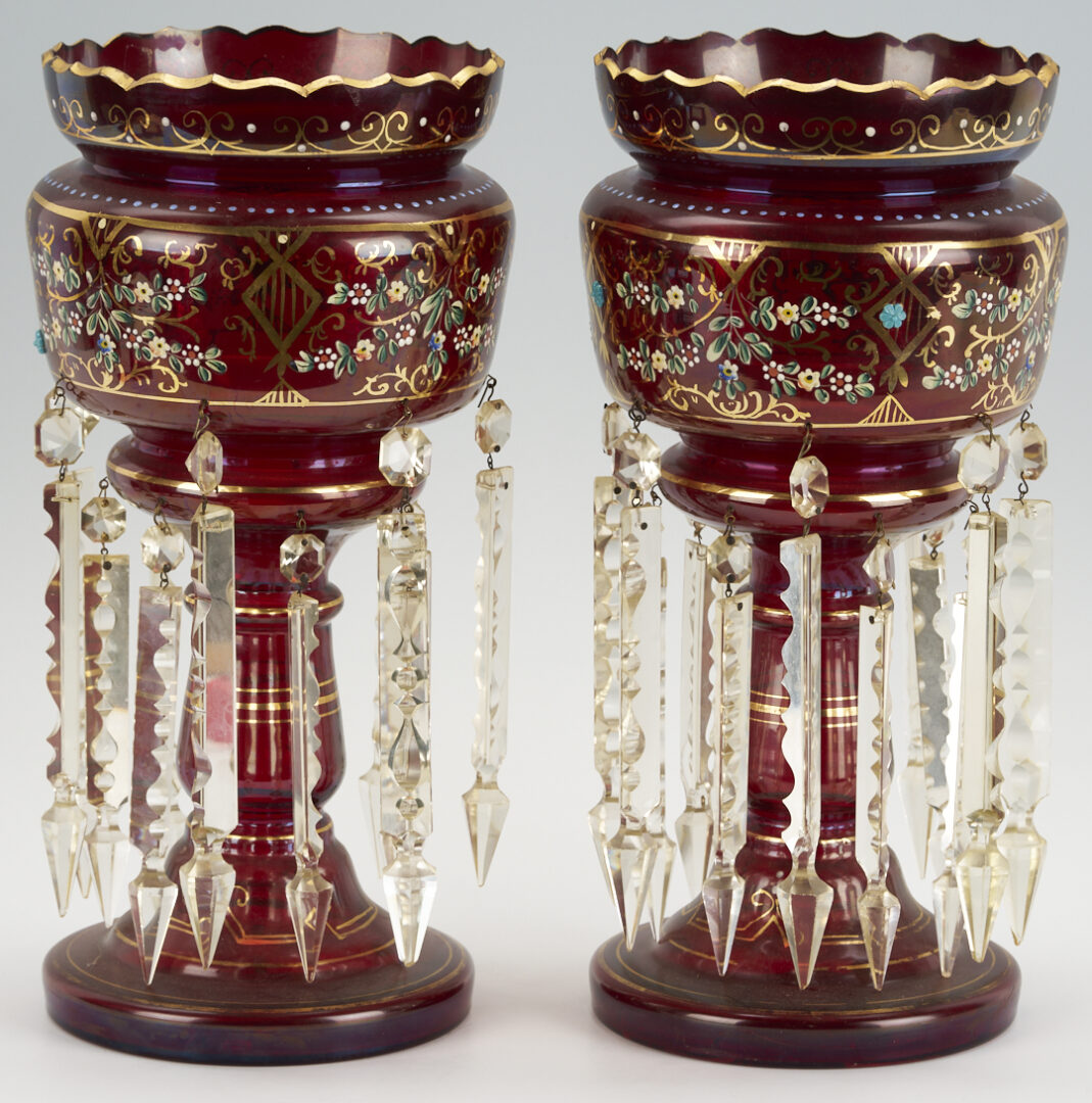Lot 1098: Pair Enameled Cranberry Glass Lusters