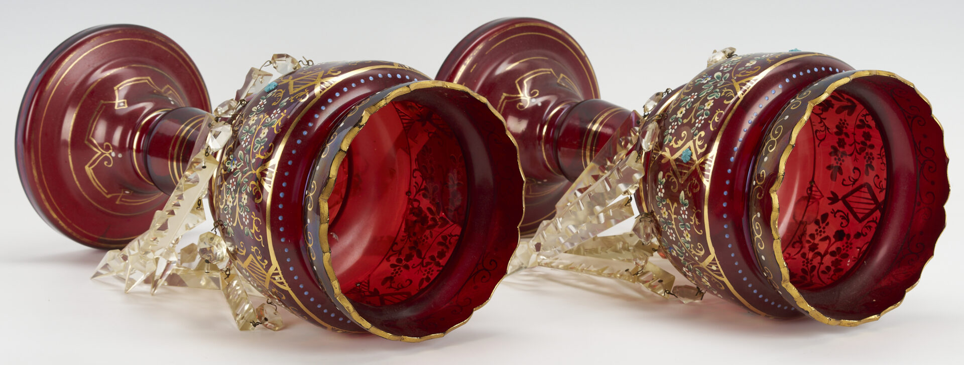 Lot 1098: Pair Enameled Cranberry Glass Lusters