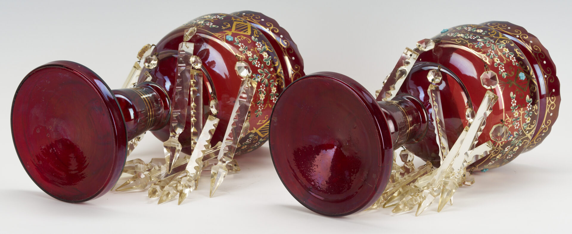 Lot 1098: Pair Enameled Cranberry Glass Lusters