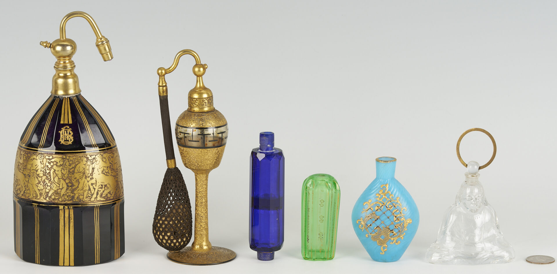 Lot 1099: 6 Perfume bottles including Moser, Baccarat, & DeVilbiss