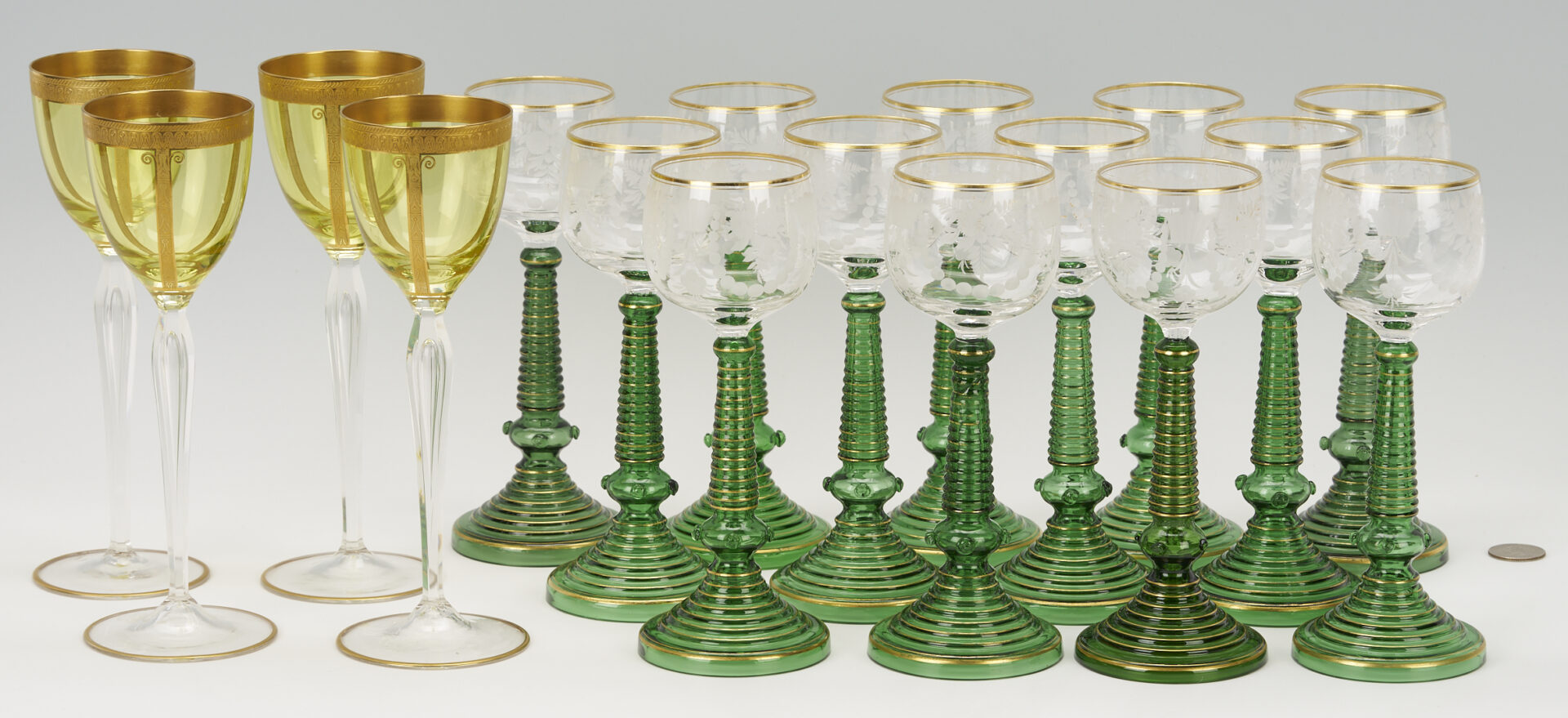 Lot 1101: 13 German Gilt Green Roemers & 4 Moser Style Wine Glasses