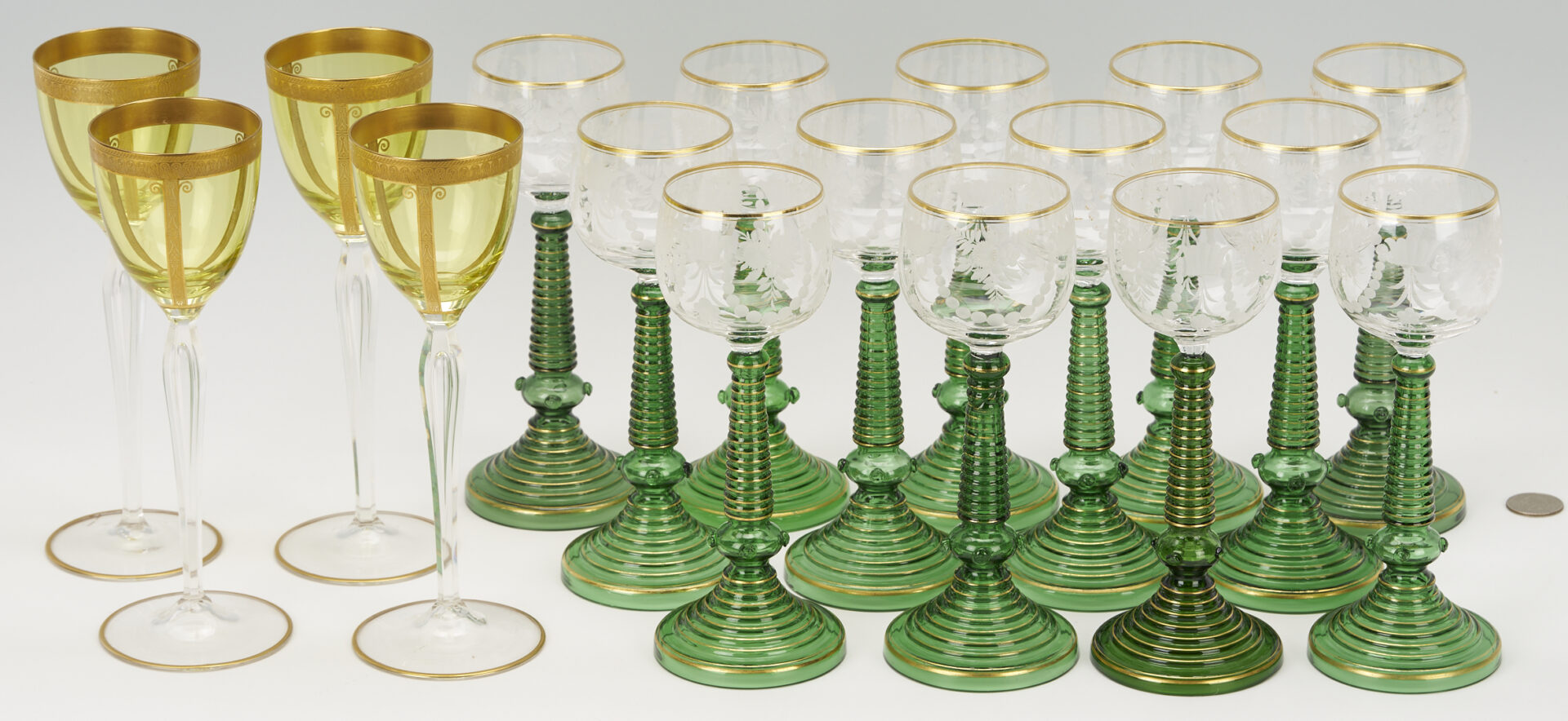 Lot 1101: 13 German Gilt Green Roemers & 4 Moser Style Wine Glasses