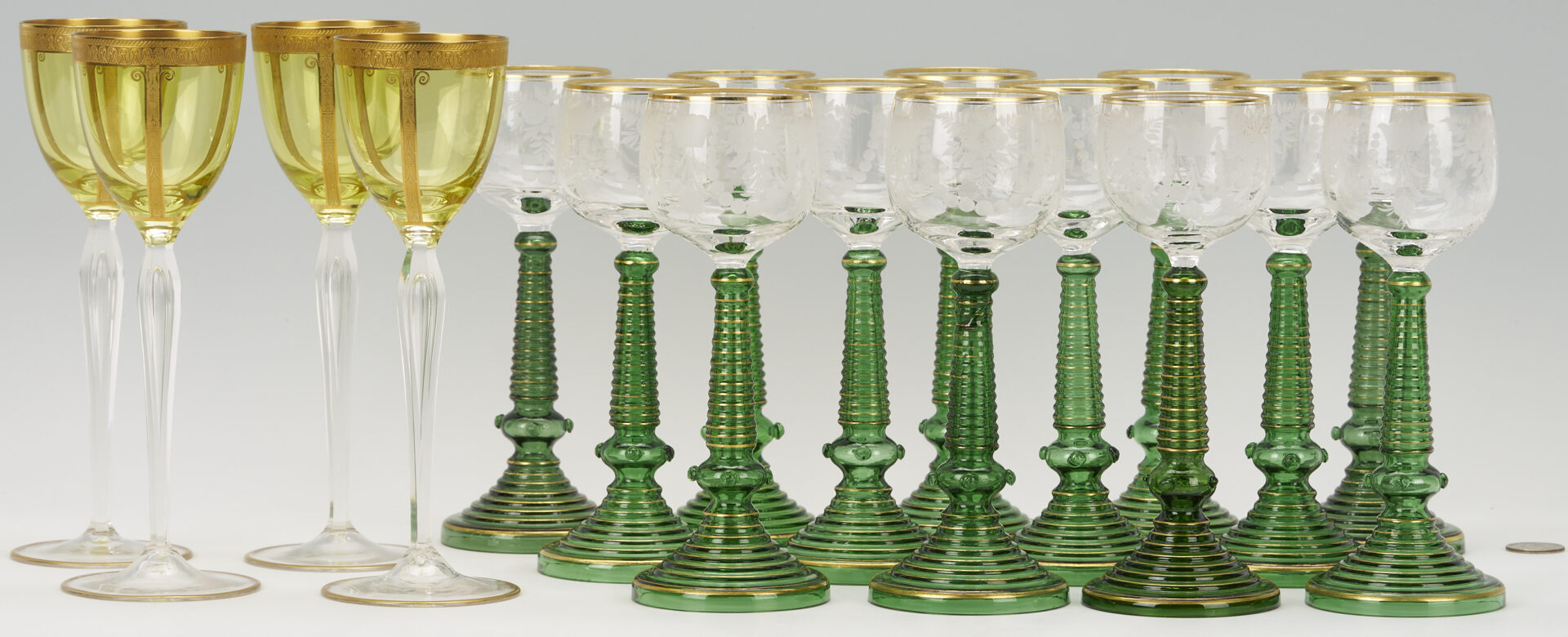 Lot 1101: 13 German Gilt Green Roemers & 4 Moser Style Wine Glasses