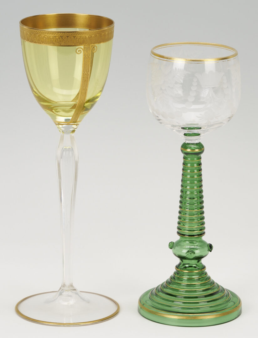Lot 1101: 13 German Gilt Green Roemers & 4 Moser Style Wine Glasses