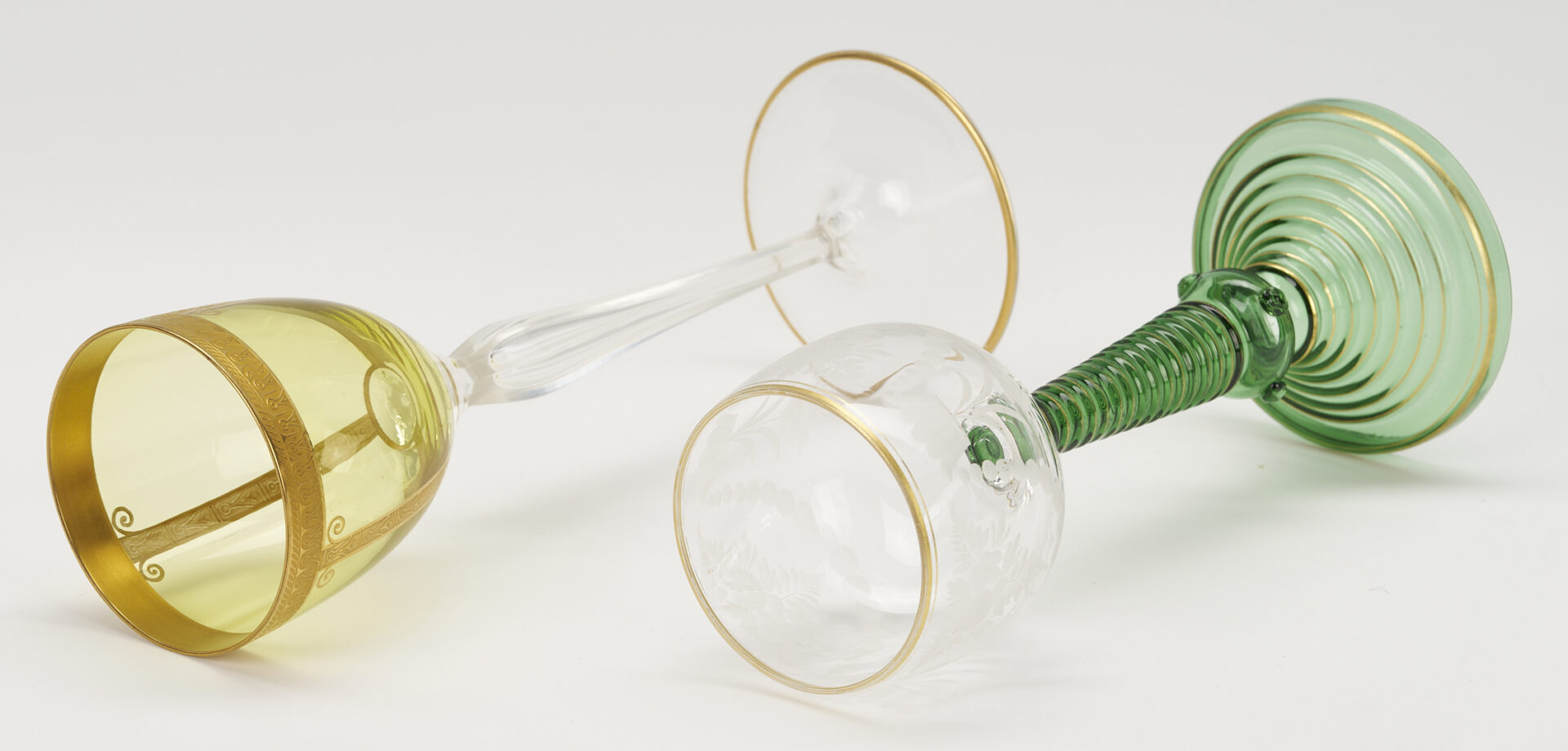 Lot 1101: 13 German Gilt Green Roemers & 4 Moser Style Wine Glasses