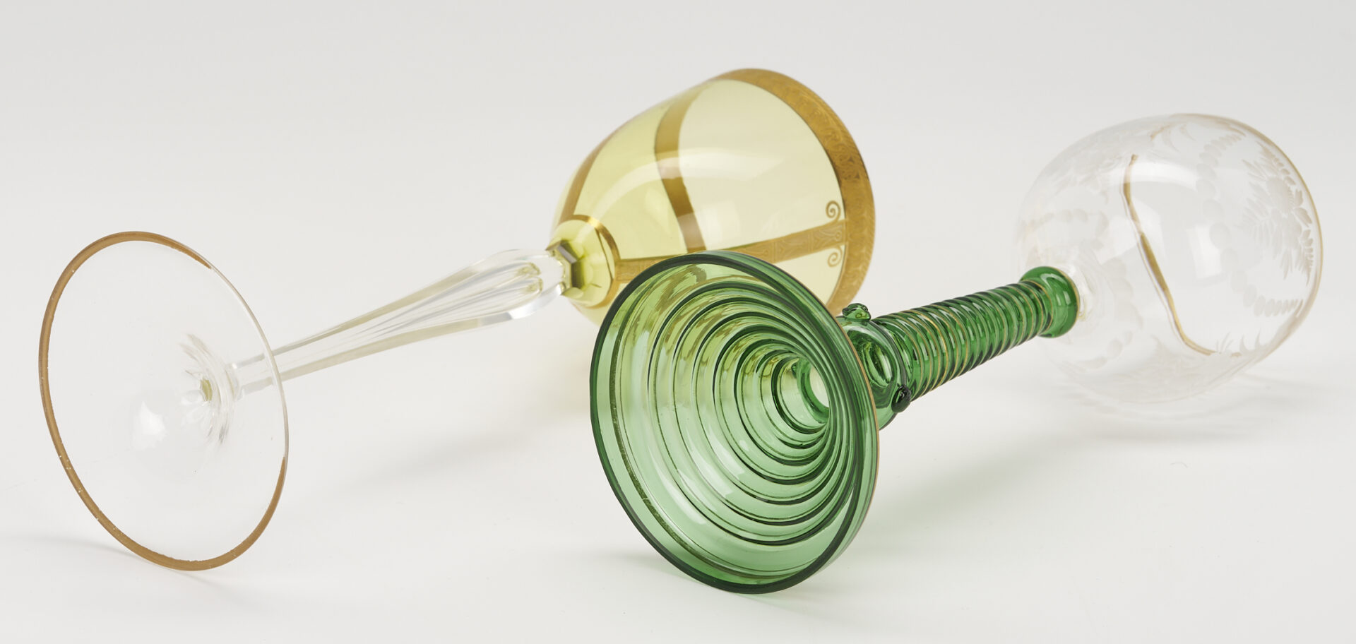 Lot 1101: 13 German Gilt Green Roemers & 4 Moser Style Wine Glasses