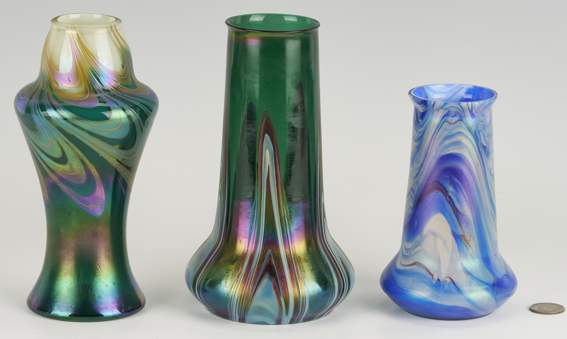 Lot 1103: 3 Art Glass Vases with Pulled Color Designs