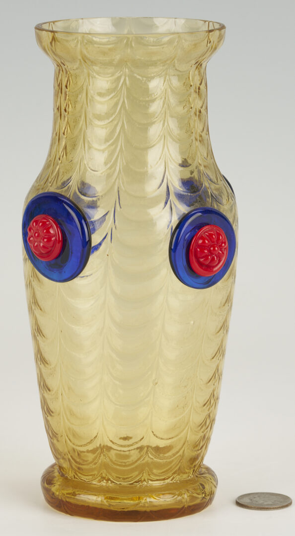 Lot 1107: Rare Kralik Art Glass Vase, Yellow with Dual Color Prunts