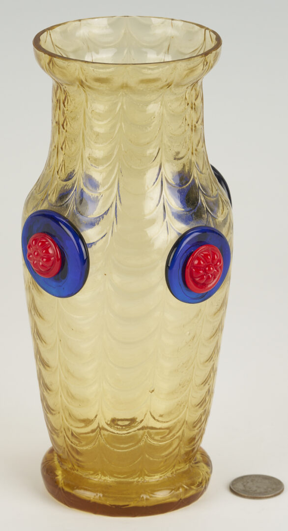 Lot 1107: Rare Kralik Art Glass Vase, Yellow with Dual Color Prunts