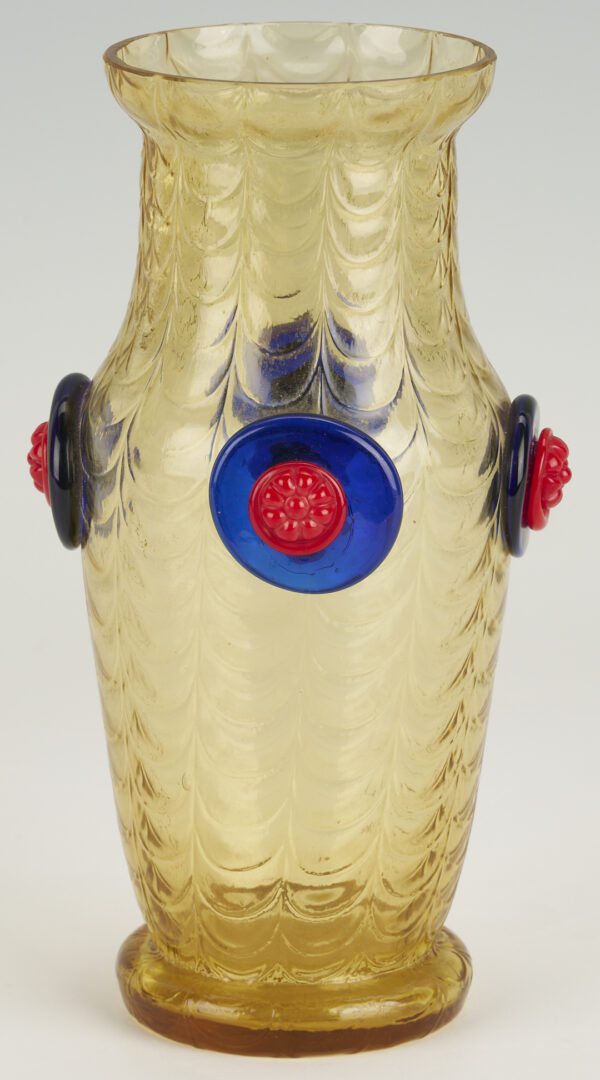 Lot 1107: Rare Kralik Art Glass Vase, Yellow with Dual Color Prunts