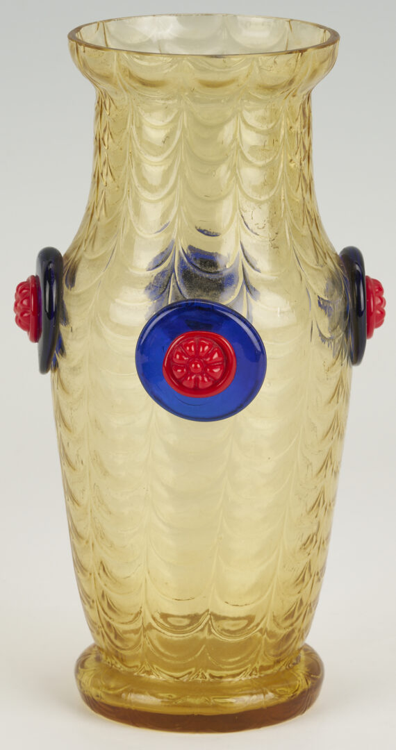 Lot 1107: Rare Kralik Art Glass Vase, Yellow with Dual Color Prunts