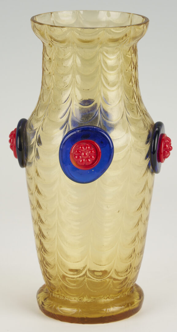 Lot 1107: Rare Kralik Art Glass Vase, Yellow with Dual Color Prunts