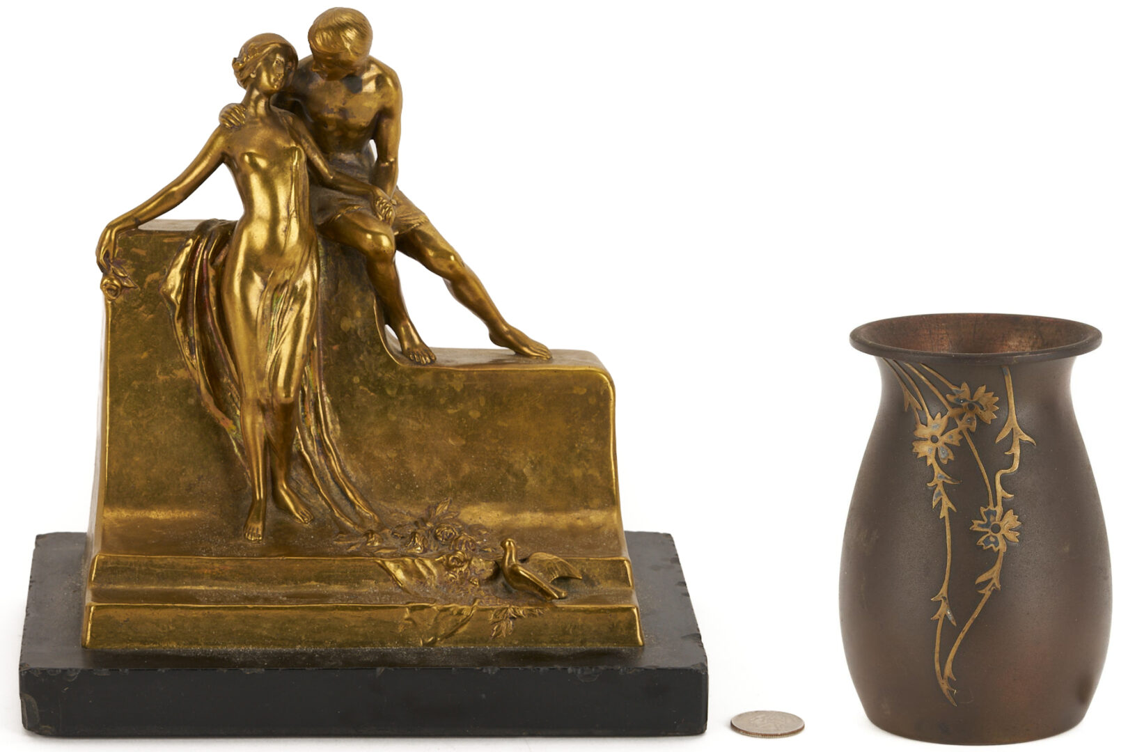 Lot 1111: Art Nouveau Bronze Sculpture & Heintz MIxed Metal Vase
