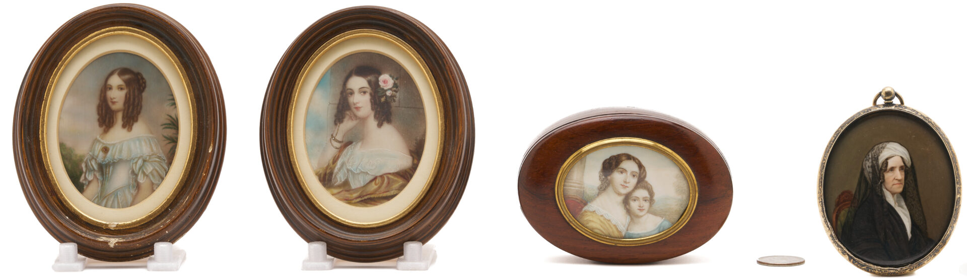 Lot 1114: 4 Portrait Miniatures: Sisters, Mother & Child plus Lady in Black Mourning Clothing