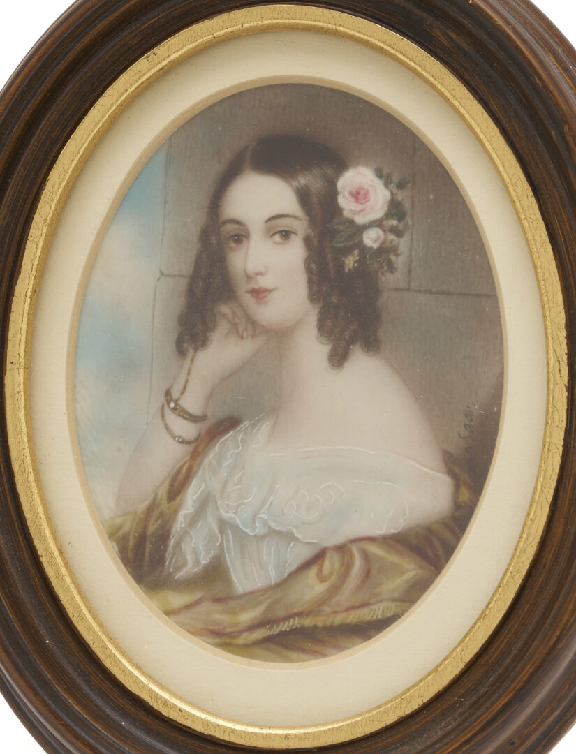 Lot 1114: 4 Portrait Miniatures: Sisters, Mother & Child plus Lady in Black Mourning Clothing