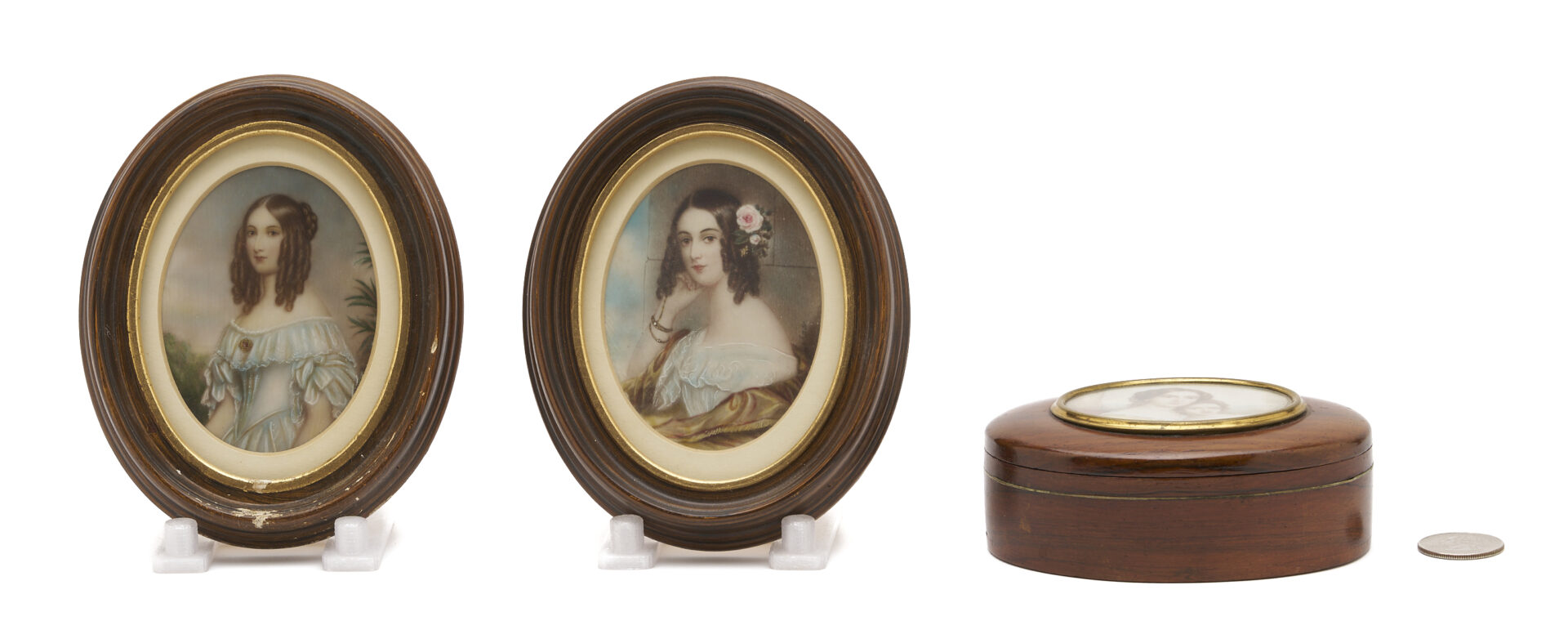 Lot 1114: 4 Portrait Miniatures: Sisters, Mother & Child plus Lady in Black Mourning Clothing