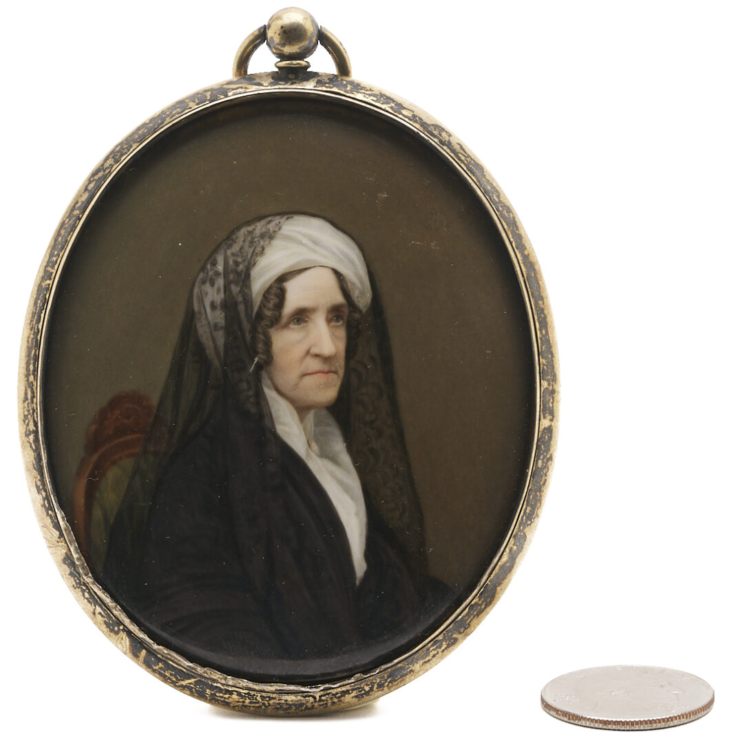 Lot 1114: 4 Portrait Miniatures: Sisters, Mother & Child plus Lady in Black Mourning Clothing