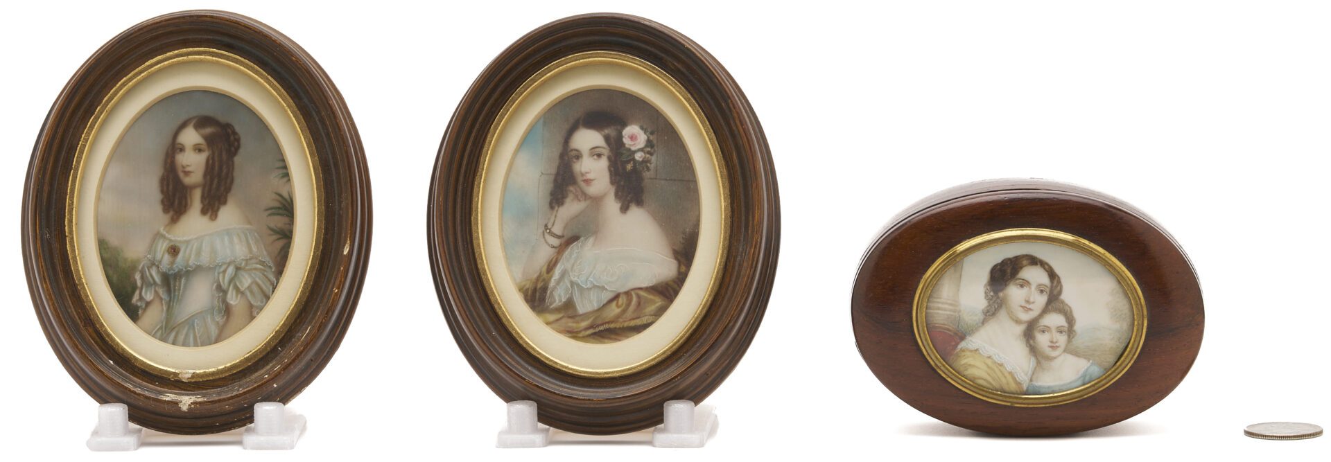 Lot 1114: 4 Portrait Miniatures: Sisters, Mother & Child plus Lady in Black Mourning Clothing