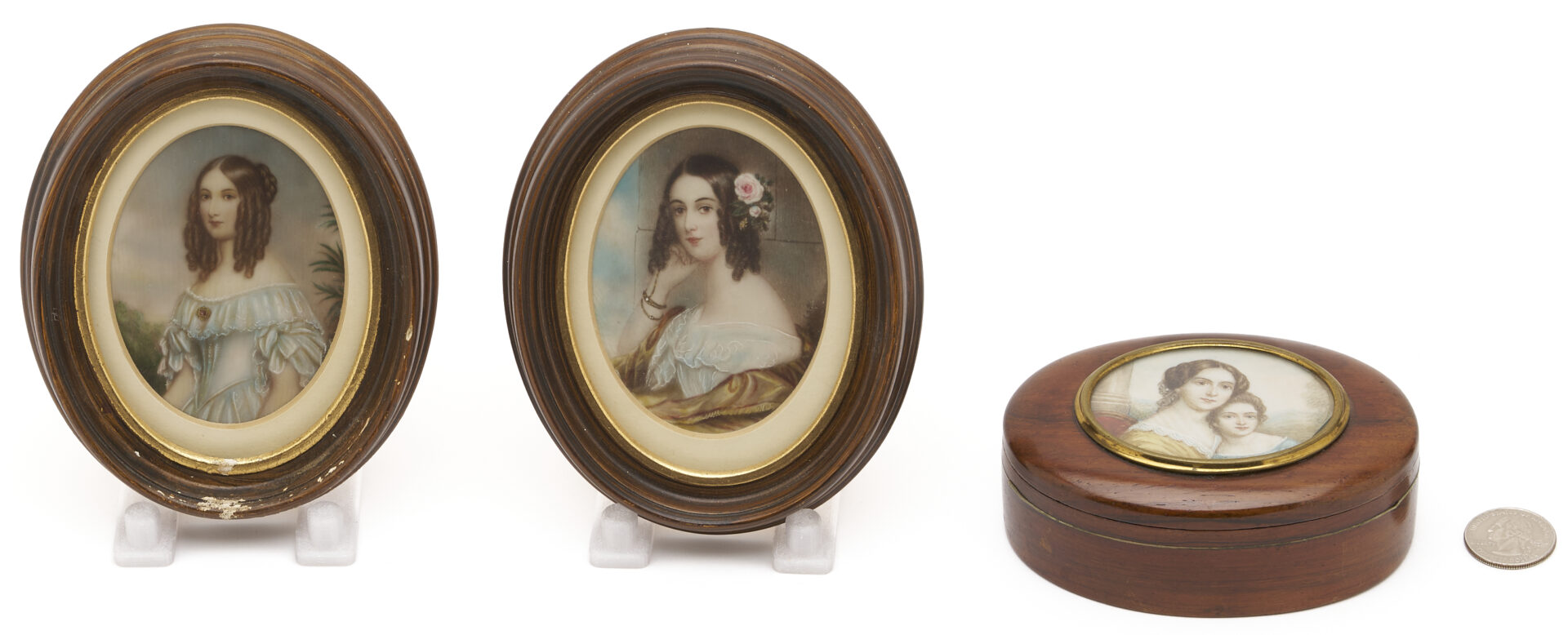Lot 1114: 4 Portrait Miniatures: Sisters, Mother & Child plus Lady in Black Mourning Clothing