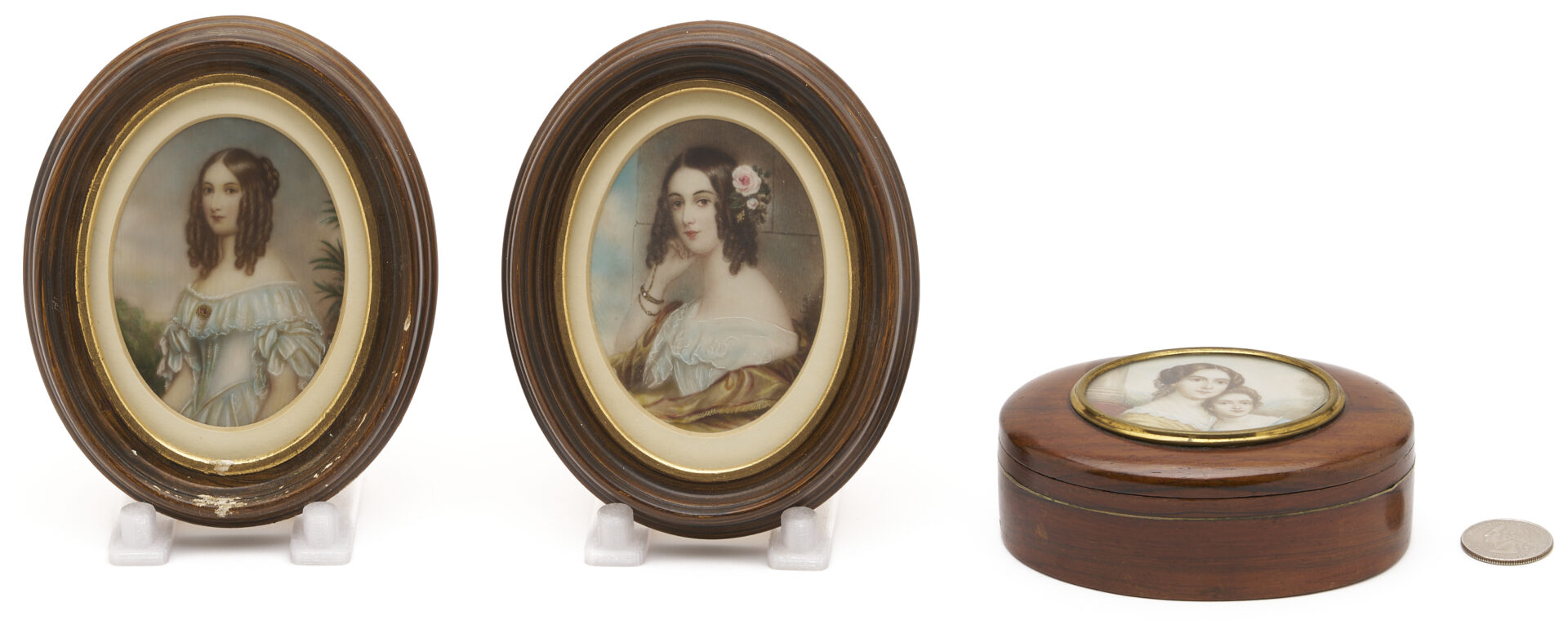 Lot 1114: 4 Portrait Miniatures: Sisters, Mother & Child plus Lady in Black Mourning Clothing
