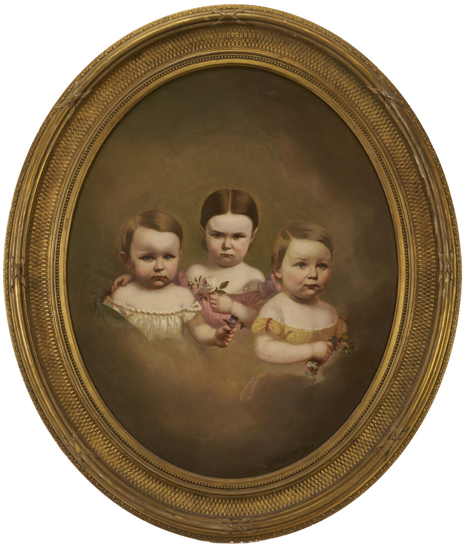 Lot 1117: Mid 19th C. Oil Portrait of 3 Children, Illegibly Signed