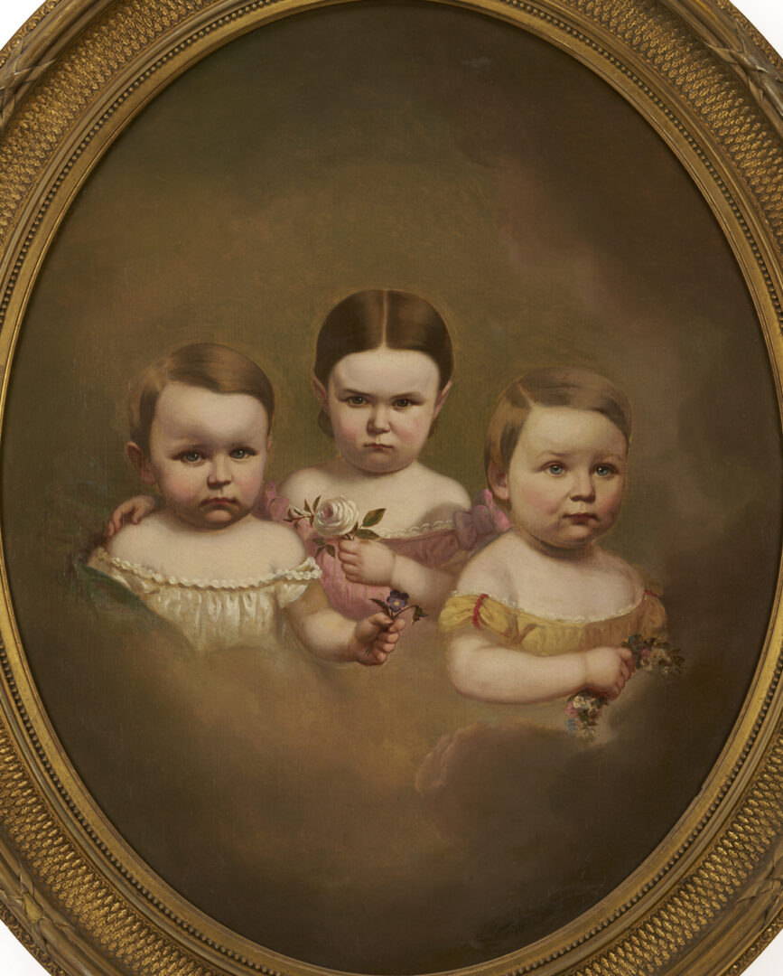 Lot 1117: Mid 19th C. Oil Portrait of 3 Children, Illegibly Signed