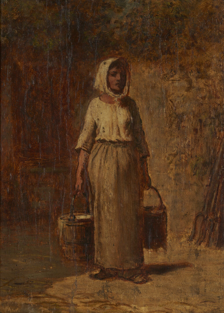 Lot 1119: O/B Peasant Woman Painting After Millet, Poss. Lloyd Branson, Knaffl Label
