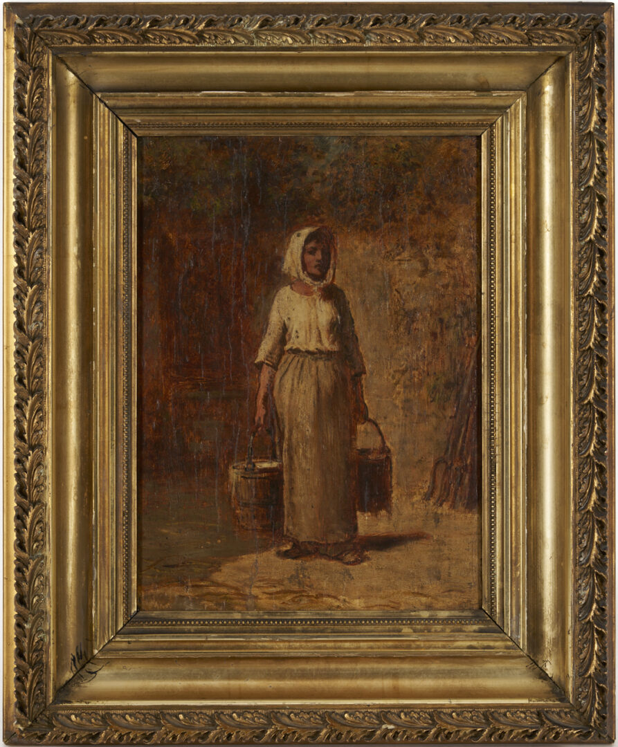 Lot 1119: O/B Peasant Woman Painting After Millet, Poss. Lloyd Branson, Knaffl Label