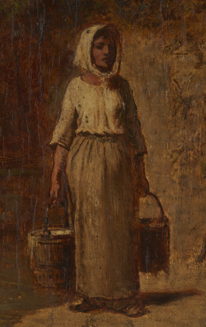 Lot 1119: O/B Peasant Woman Painting After Millet, Poss. Lloyd Branson, Knaffl Label