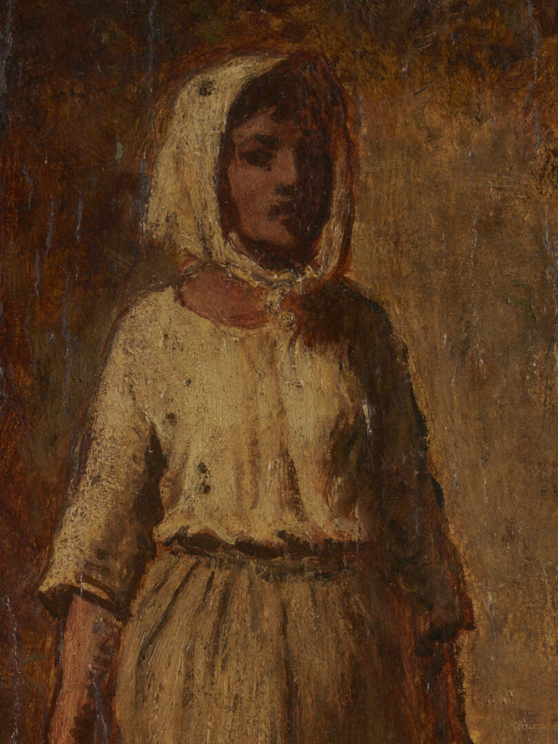 Lot 1119: O/B Peasant Woman Painting After Millet, Poss. Lloyd Branson, Knaffl Label