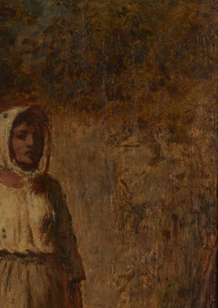 Lot 1119: O/B Peasant Woman Painting After Millet, Poss. Lloyd Branson, Knaffl Label