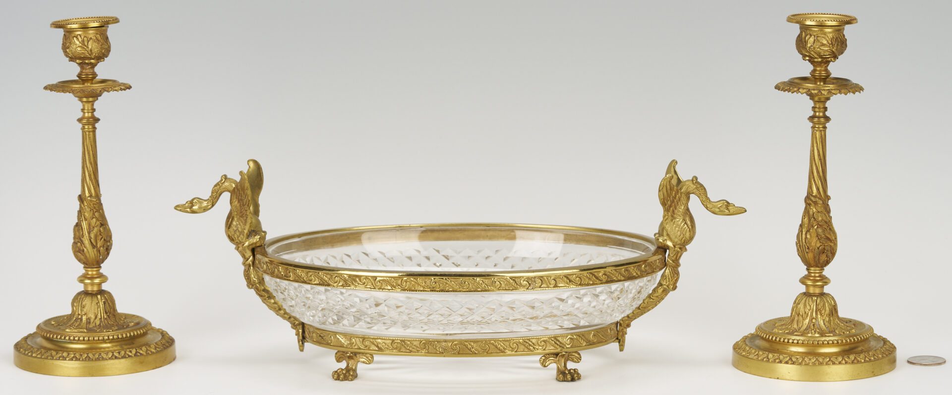 Lot 111: Neoclassical Gilt Bronze Centerpiece Bowl & Candlesticks
