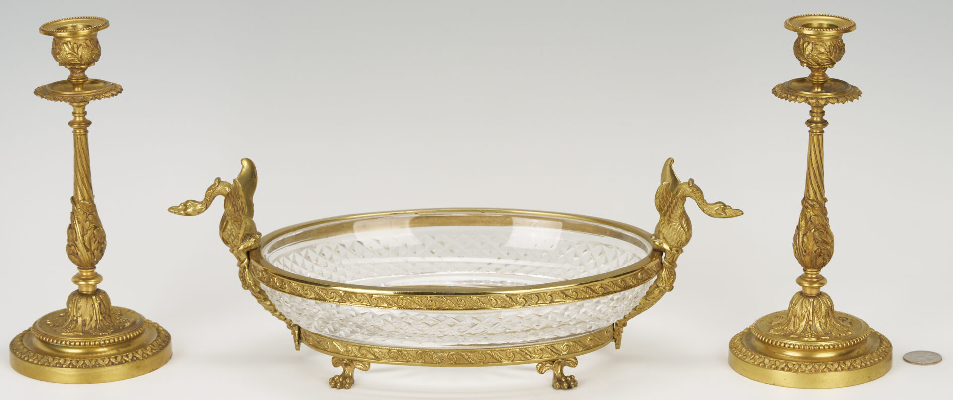 Lot 111: Neoclassical Gilt Bronze Centerpiece Bowl & Candlesticks