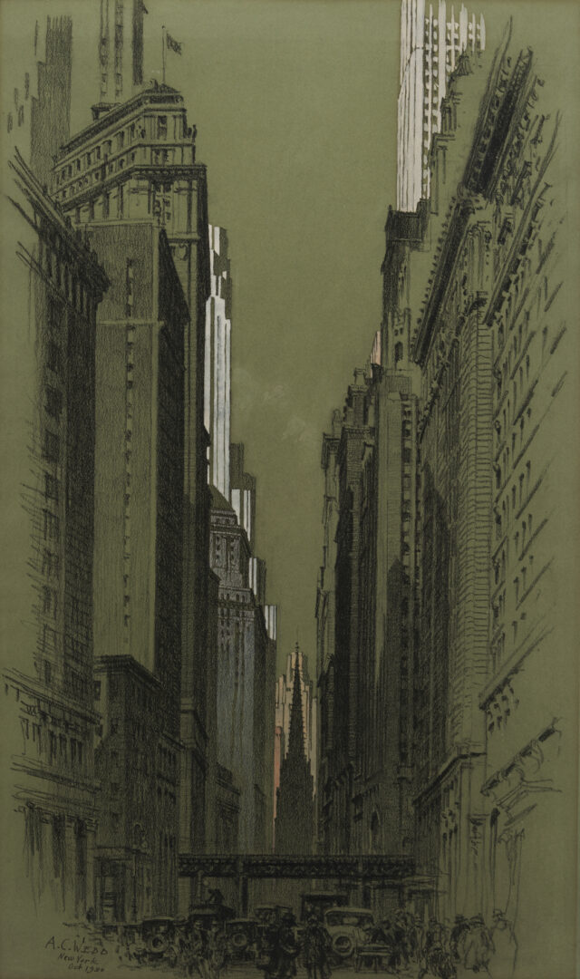 Lot 1123: Alonzo C. Webb Charcoal & Gouache, Wall Street New York Scene