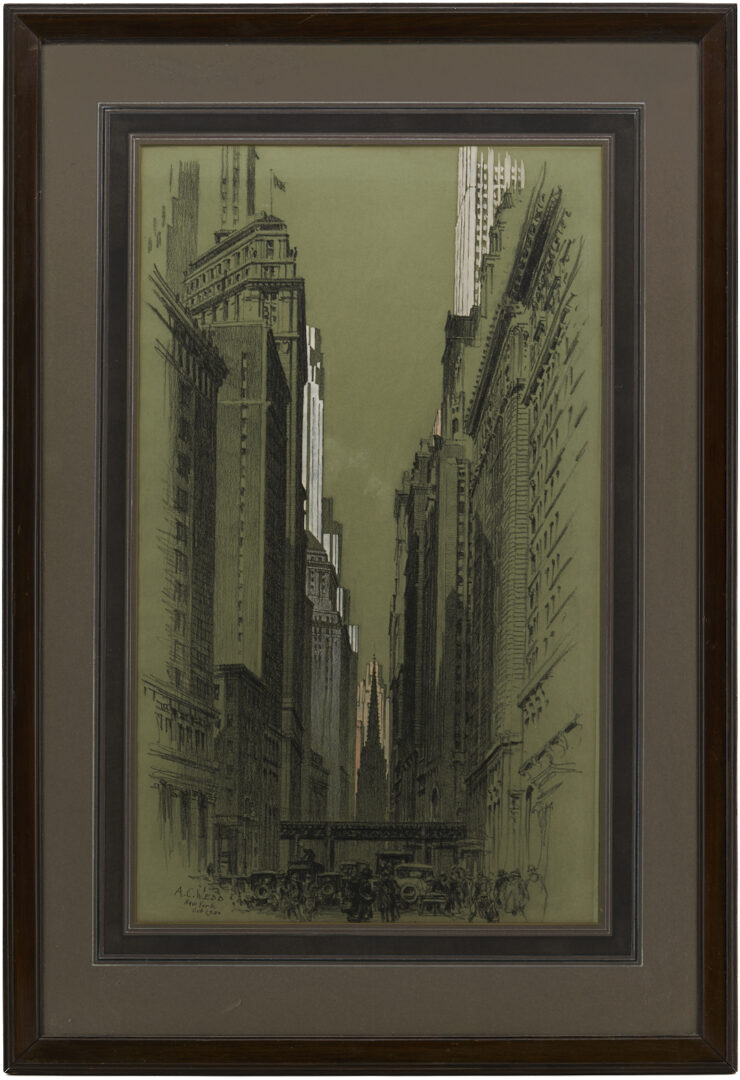 Lot 1123: Alonzo C. Webb Charcoal & Gouache, Wall Street New York Scene